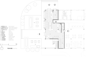 A detailed floor plan of a retail space showing various sections and furniture arrangements.
