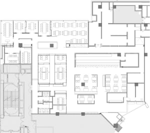 Floor plan of an office space showing various rooms and layouts.