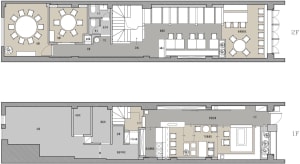 Floor plan of a restaurant depicting the layout of the 2nd and 3rd floors, including dining areas, tables, chairs, and other 