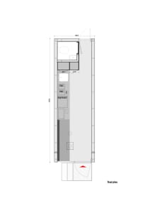 Floor plan of a modern apartment featuring minimalist design elements, concrete and wood materials, and an open layout.