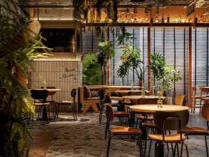 Industrially styled restaurant interior featuring wooden tables and chairs surrounded by green plants and natural light.