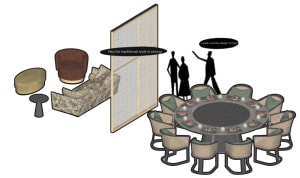A modern dining room featuring a round table surrounded by chairs, with a traditional-style wooden screen in the background.
