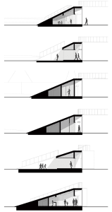 Architectural drawings of modern office spaces, showcasing glass walls and wood finishes.