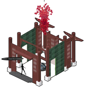 A modern architectural installation featuring red glass chandelier
