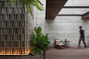 Modern garden space with concrete walls, wooden deck, and greenery.