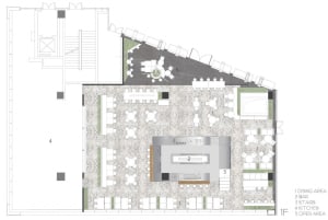 Floor plan of a restaurant interior featuring a terrazzo floor with dining areas, bar, stairs, kitchen, and open area.