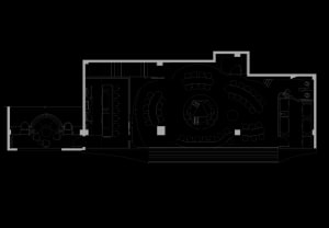 An overhead view of a modern restaurant floor plan featuring a central dining area surrounded by circular booths, and additio