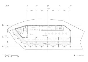 A 3D architectural floor plan of a commercial space featuring concrete and steel materials.