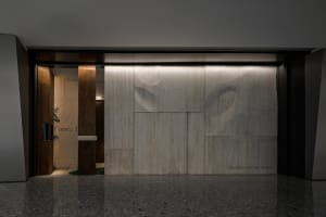 Modern entrance to a restaurant featuring marble walls and a wooden door.