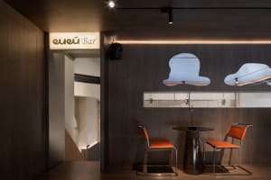 Modern restaurant interior with industrial design elements in metal and wood