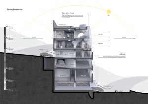 A section perspective architectural illustration showcasing an interior design focus on concrete elements.