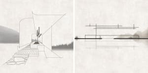 Sketch of a wooden outdoor platform along a waterfront with steps leading to the water and a structure in the background.