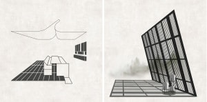 Modern interior design featuring a metal partition and floor plan.