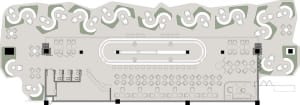2D architectural drawing of a cafeteria with a white tiled floor, tables, and chairs arranged in a grid pattern around a cent