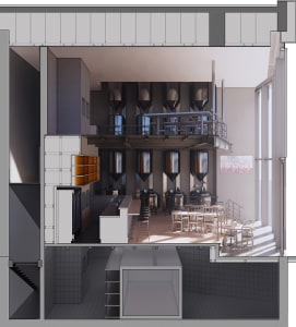 Sectional view of a modern brewery interior featuring industrial design elements such as steel tanks, concrete structures, an