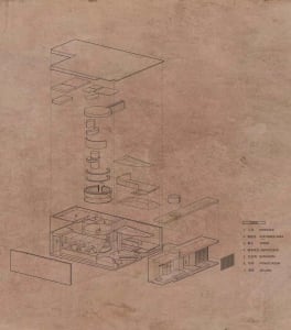 Exploded architectural section showing interior design layout and components on parchment paper