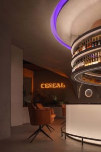 A modern restaurant bar with concrete walls, illuminated by neon signs, featuring a stylish seating area with orange chairs a