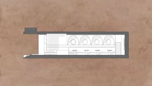 A detailed architectural sketch of a restaurant's interior design featuring archways and seating arrangements.