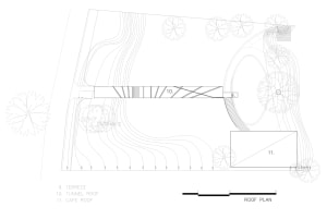 A roof plan showing the layout of a terrace, tunnel roof, and cafe roof.