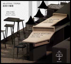 A rendering of a modern bar counter space with wooden surfaces and multiple seating arrangements.