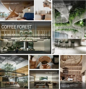 A modern coffee shop interior featuring metal planters and a glass staircase.