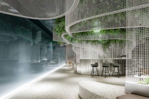 Modern industrial-style coffee shop interior with metal rebar ceiling features.