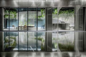 Modern residential architecture featuring metallic, glass, and concrete materials.