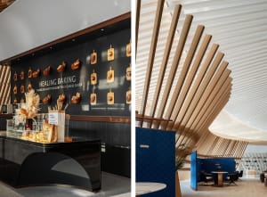 Modern interior design featuring a commercial space with prominent wood paneling.