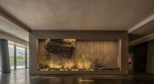 Modern industrial lobby with concrete walls and indoor plants