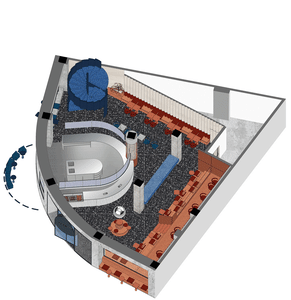 Modern interior space featuring concrete and glass materials.