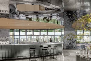 Restaurant bar with a modern design featuring marble accents.