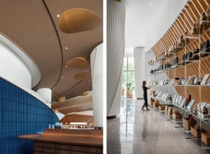 A modern retail space featuring a wooden interior design and a sleek counter.