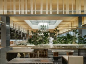 A beautifully designed hotel lobby featuring a combination of stone, glass, and wooden materials.