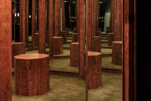 Modern interior design featuring wooden furniture.