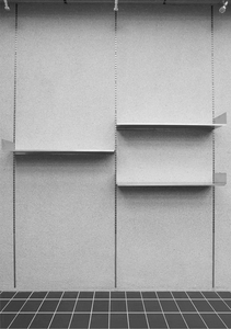 An image of minimalist concrete shelves against a textured wall.