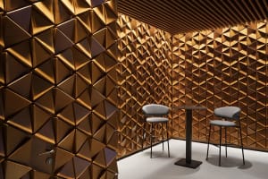 Modern cafe bar interior with wood texture fetch, featuring a high-top table with stools and a sleek design.
