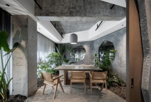Concrete-walled industrial restaurant interior with plants and natural light.