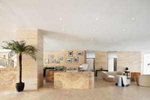 Modern interior design featuring hotel lobby with marble elements