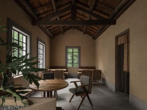 A minimalist coffee shop interior featuring wooden furniture and materials.