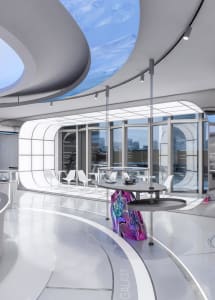 A futuristic tech retail store featuring a large windshield