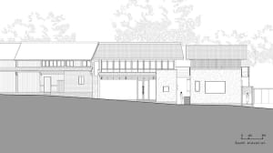 An architectural drawing depicting the exterior of a modern building with brick, glass, and metal materials.