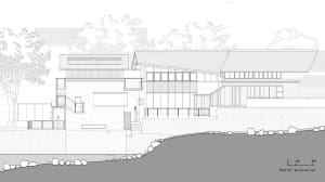An architectural drawing showing the exterior of a modern house with a concrete frame, windows, and a light-colored roof.