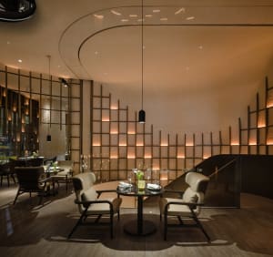 Modern restaurant interior with wooden and glass materials