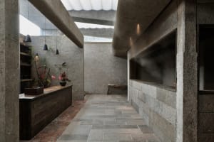 Concrete and glass interior design with modern industrial elements