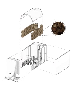 An architectural drawing of an industrial theater with wooden barrels used for seating and a wooden bar.