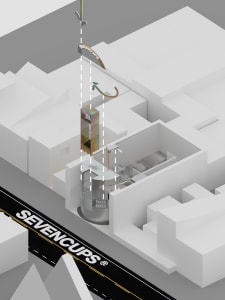 Technical architectural rendering of a building plan set within an urban context.