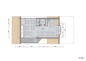 2D architectural drawing of a cafe interior design plan with tables, chairs, and functional zones labeled.