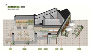3D architectural rendering of a food court with mixed materials, showcasing various seating and dining areas, retail storefro
