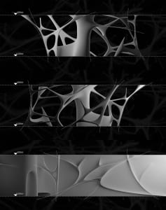 Three-dimensional abstract structural forms with intricate, interconnected patterns and organic shapes.