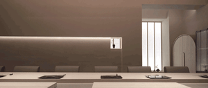 Furniture arrangement featuring minimalist design in a concrete office lounge